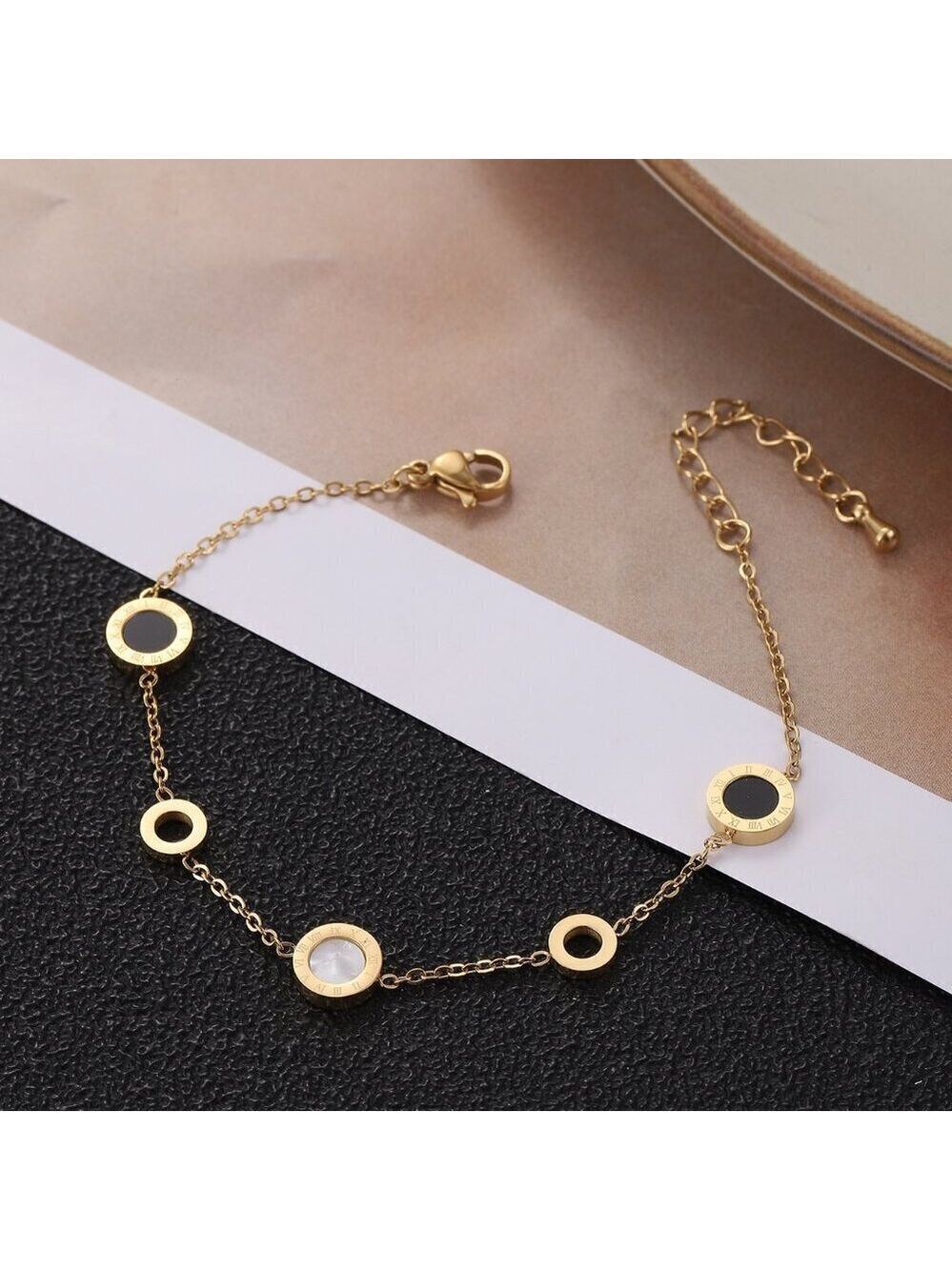 18K Gold Plated Circle Charm Roman Numeral Bracelet , Black and White Inlay
